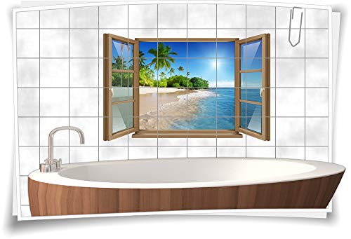 Medianlux Fliesen-Aufkleber Fliesen-Bild Fenster Strand Palmen Sand Meer Urwald Ozean Bad WC Aufkleber Folie Deko Digitaldruck Sticker, 90x58cm, 20x25cm (BxH) wb22fb865-130435 von Medianlux