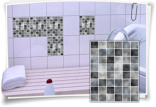 Medianlux Fliesen-Aufkleber Fliesen-Bild Fliesen-Imitat Mosaik Grau Bad WC Deko Dekor Badezimmer Kachel Folie Digitaldruck, 12 Stück, 20x25cm von Medianlux