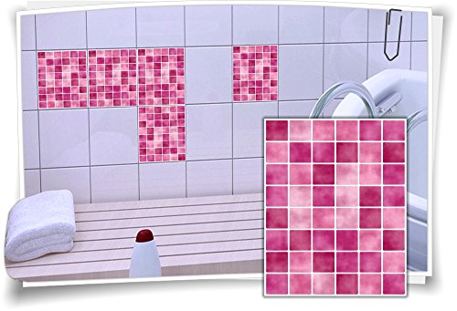 Medianlux Fliesen-Aufkleber Fliesen-Bild Fliesen-Imitat Mosaik Pink Rosa Bad WC Deko Dekor Badezimmer Kachel Folie Digitaldruck, 12 Stück, 15x20cm von Medianlux