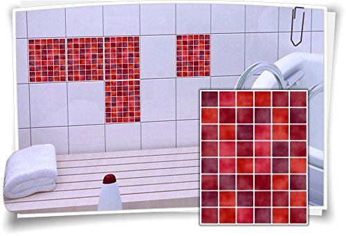 Medianlux Fliesen-Aufkleber Fliesen-Bild Fliesen-Imitat Mosaik Rot Bad WC Deko Dekor Badezimmer Kachel Folie Digitaldruck, 12 Stück, 20x25cm von Medianlux