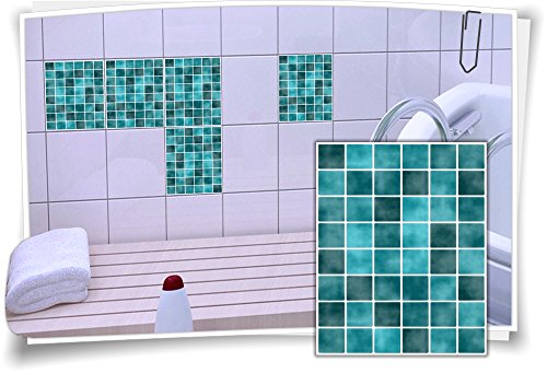 Medianlux Fliesen-Aufkleber Fliesen-Bild Fliesen-Imitat Mosaik Türkis Bad WC Deko Dekor Badezimmer Kachel Folie Digitaldruck, 12 Stück, 15x20cm von Medianlux