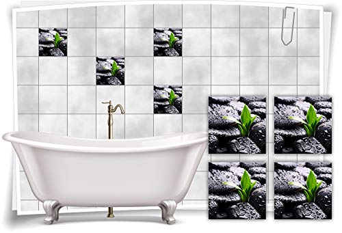 Medianlux Fliesen-Aufkleber Fliesen-Bild Steine Blätter Wasser-Tropfen SPA Schwarz Grün Bad WC, 15x15cm fp5p250q-82990 von Medianlux