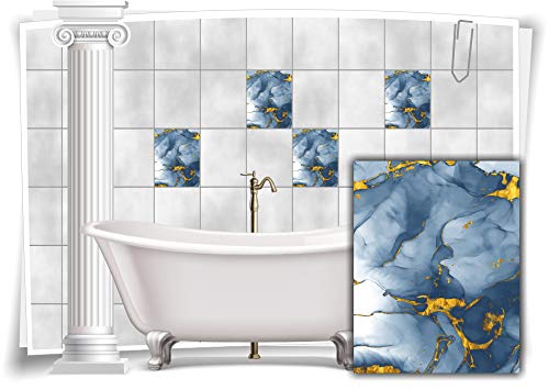 Medianlux Fliesen-Aufkleber Folie Marmor Öl Ölfarben Abstrakt Bad Gold Blau Grau WC Deko Küche, 12 Stück, 20x25cm m23m6h-136721 von Medianlux