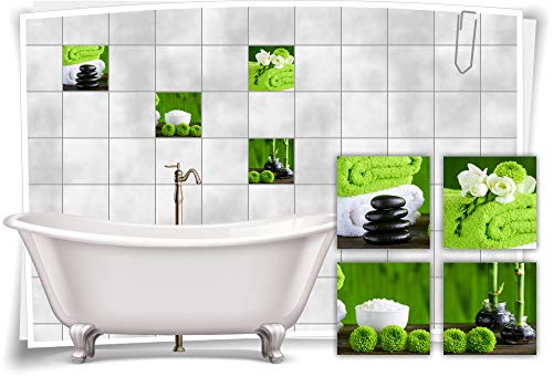 Medianlux Fliesen-Aufkleber SPA Wellness Grün Steine Salz Bambus Handtuch Bad WC Deko Digitaldruck Sticker, 15x15cm fp5p288q-98712 von Medianlux