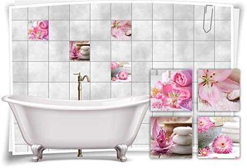 Medianlux Fliesen-Aufkleber SPA Wellness Orchidee Blumen Steine Schalle Rosa Bad WC Deko, 15x15cm fp5p503q-134885 von Medianlux