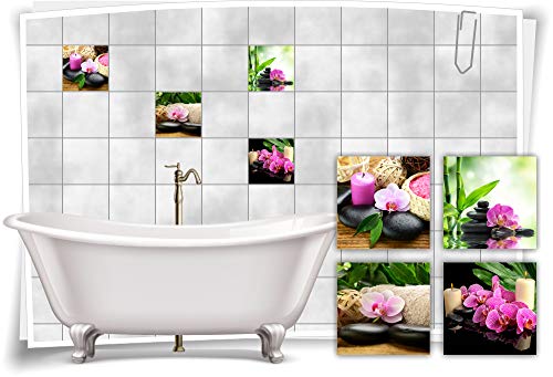 Medianlux Fliesen-Aufkleber SPA Wellness Orchidee Kerze Bambus Steine Lila Grün Bad WC Deko, 20x20cm fp5p464q-134386 von Medianlux