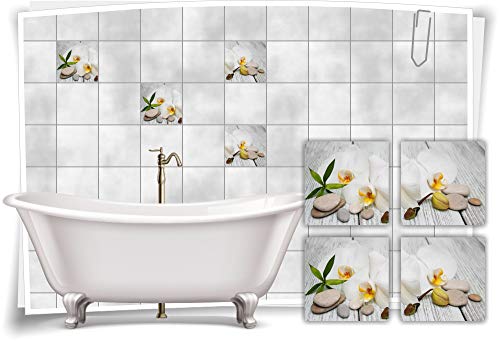 Medianlux Fliesen-Aufkleber SPA Wellness Orchidee Stein Holz Blüten Weiß Grün Grau Bad WC Deko, 10x10cm fp5p653q-140338 von Medianlux
