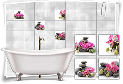 Medianlux Fliesen-Aufkleber SPA Wellness Orchideen Blüten Steine Blätter Pink Grau Bad WC Deko Digitaldruck Sticker, 15x15cm fp5p327q-99335 von Medianlux