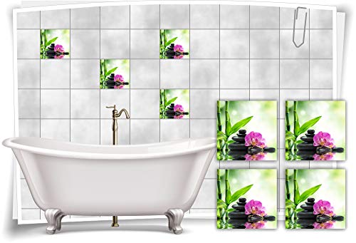 Medianlux Fliesen-Aufkleber SPA Wellness Steine Orchidee Bambus Violett Grün Bad WC Deko, 15x15cm fp5p465q-134396 von Medianlux