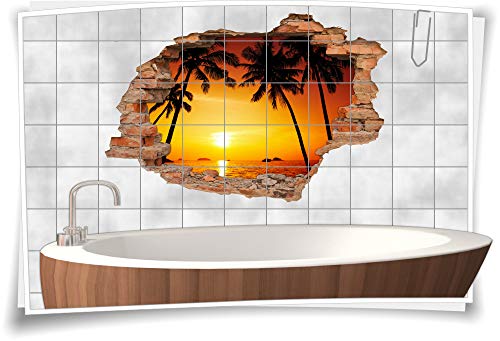 Medianlux Fliesen-Bild Wand-Durchbruch 3D Fliesen-Aufkleber Strand Palmen Sonnen-Untergang, 105x70cm, 20x25cm (BxH) von Medianlux