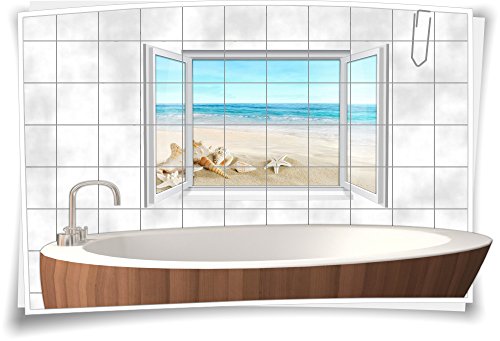 Medianlux Fliesenaufkleber Fliesenbild Fliesen Meer Strand Muscheln Deko Aufkleber Bad WC, 135x90cm, 15x20cm (BxH) von Medianlux