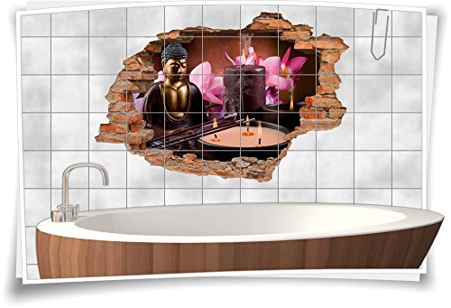 Medianlux Fliesenaufkleber Fliesenbild Fliesenaufkleber Wanddurchbruch Buddha Kerzen Bad Indien, 75x50cm, 20x20cm (BxH) von Medianlux