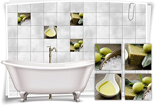 Medianlux Fliesenaufkleber Fliesenbild Olive Öl Salz Grün Wellness SPA Aufkleber Sticker Deko Bad WC, 10x10cm fp5p145q-71746 von Medianlux