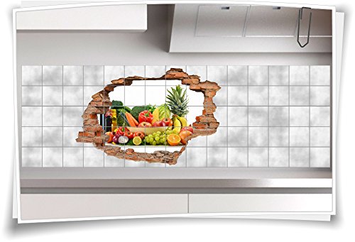 Medianlux Fliesenaufkleber Fliesenbild Wanddurchbruch Gemüse Obst Ernährung Multivitamin, 75x50cm, 15x15cm (BxH) von Medianlux