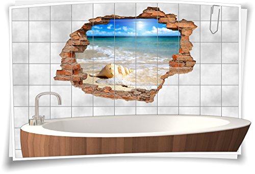 Fliesenaufkleber Fliesenbild Wanddurchbruch Sticker Meer Strand Muschel Wellen, 75x50cm, 20x25cm (BxH) von Medianlux