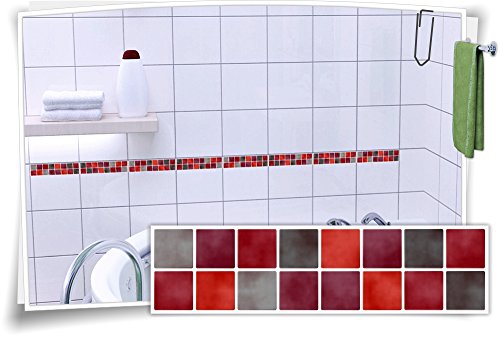 Medianlux Fliesenaufkleber Fliesenbordüre Bordüre Mosaik Rot Grau Aufkleber FB3, 20 Stück, 30x7,8cm (BxH) von Medianlux