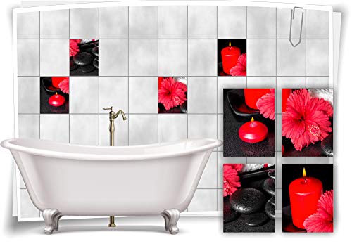 Medianlux Fliesenaufkleber Sticker Fliesenbild Hibiskus Rot Kerze Steine Wellness SPA Aufkleber Deko Bad WC, 10x15cm fp5p175h-76664 von Medianlux