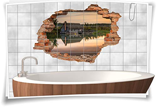 Medianlux Wand-Tattoo Bad-Fliesen-Aufkleber Badezimmer-Deko Landhaus-Stil 3D-Fliesen-Bild-er See Abend-s Hüte Wald, 90x60cm, eigene Größe von Medianlux