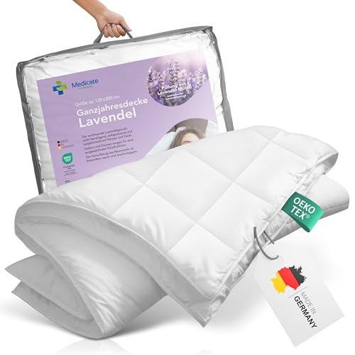 Medicate Ganzjahresdecke 135x200 cm mit Lavendelblüten - Wärmeregulierende Daunen Bettdecke 135x200 - Bett Decke aus Baumwolle Bezug - Made in Germany von Medicate