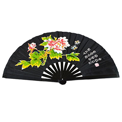 Chinesischer Klappfächer, für Kampf- und Tanzsport, Bambus, Peony Flower Black Background von Medifier
