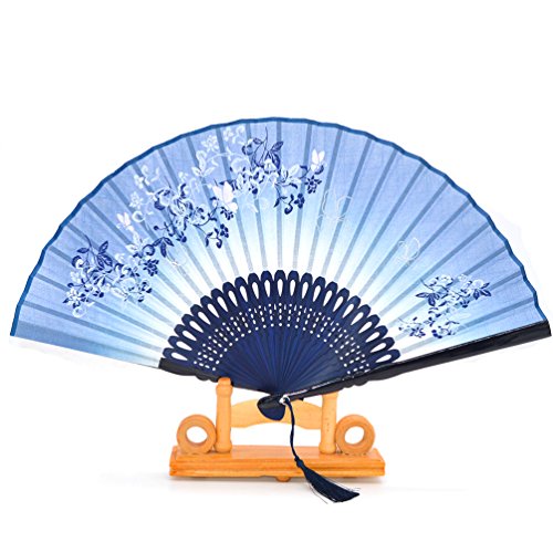 Hand-Faltfächer aus Seide und Bambus (fliegender Schmetterling und Blumen), Seidenbeutel und Geschenk-Box im Lieferumfang enthalten, blau von Medifier