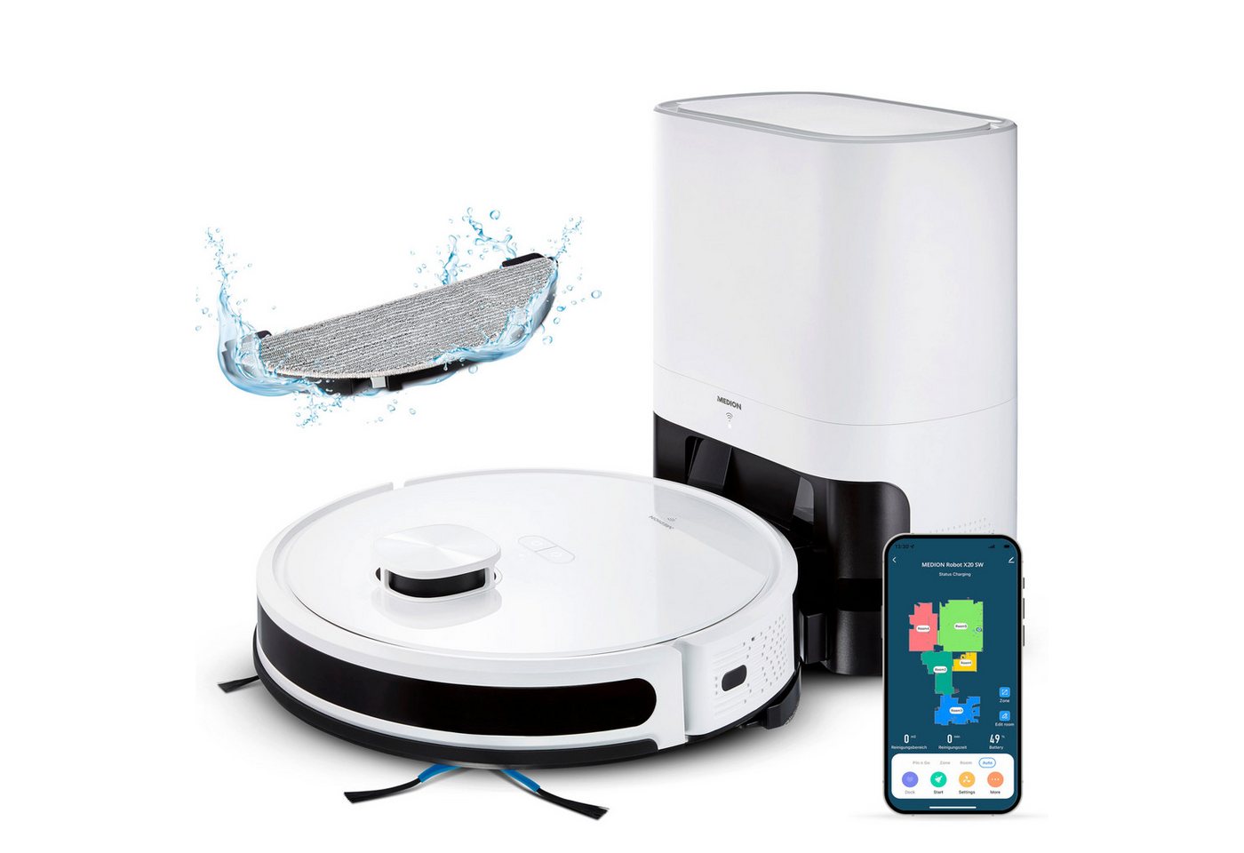 Medion® Saugroboter Smarter Saugroboter mit Wischfunktion und Absaugstation X20 SW+, X20 SW+ von Medion®