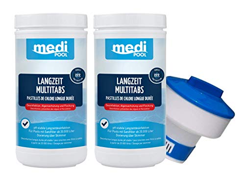 mediPOOL 507601MP Langzeit MultiTabs 200g, 2 x 1KG, Chlor Multifunktionstabletten und Dosierschwimmer für 200gr. Tabletten von Medipool