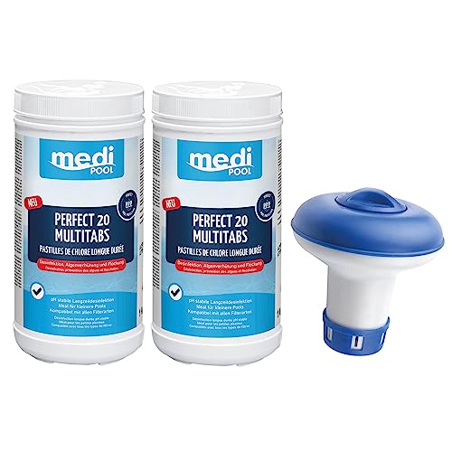 Medipool Pflege-Set 3 in 1 Perfect 20 MultiTabs 2X 1 kg (Tabs je 20g), 3fach Wirkung, für Pools & Whirlpools, inkl. 1 Mini-Dosierschwimmer von Medipool