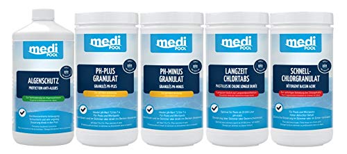 Medipool MEGA Spar-Pack 5,5 kg Poolpflege Set Chlor für kleine + große Schwimmbecken Chlorgranulat, Langzeit-Chlotabletten, Algenschutz, pH-Plus Granulat und pH-Minus Granulat von mediPOOL
