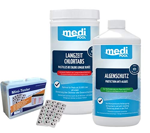 Sparpack mediPOOL 505601MP Langzeit-ChlorTabs 1kg, 604601MP Algenschutz 1L und POWERHAUS24 Mintester von Medipool