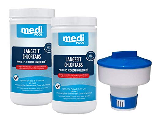 mediPOOL 505601MP Langzeit ChlorTabs 200g, 2 x 1KG, Chlor Langzeittabletten und Dosierschwimmer für 200gr. Tabletten von Medipool