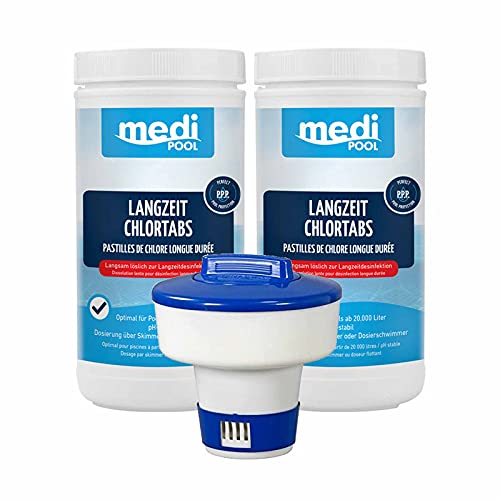 mediPOOL Langzeit-Chlor Tabs 2X 1 kg + Schwimmdosierer, Chlor Desinfektion Poolpflege Wasserpflege von Medipool