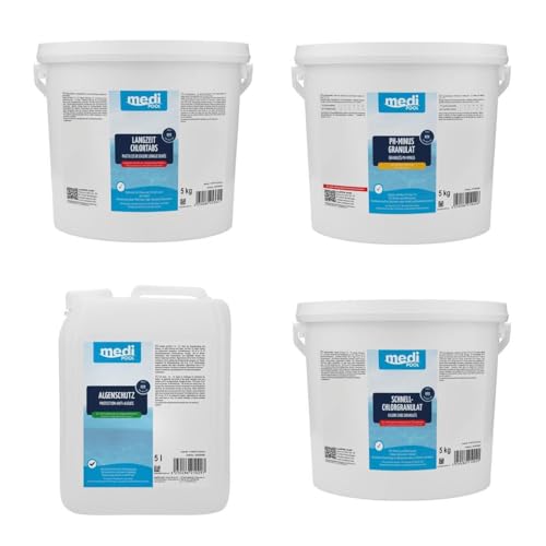 mediPOOL MEGA XL Spar-Pack 20 kg Poolpflege-Set Chlor mit Chlorgranulat, Langzeit Chlortabletten, Algenschutz und pH-Minus Granulat von Medipool