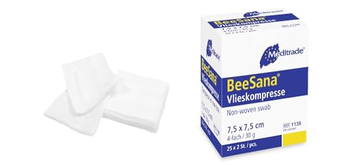 Meditrade 1139 Beesana Vliesstoffkompressen zur Äußeren Wundversorgung, Steril, 4-fach, 10 cm Länge x 10 cm Breite, 30 g (50-er pack) von Meditrade