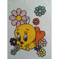 Tweetyembroidery Cartooncharacter Kidscrafts Blueeyedchicken Floraldesign Childrensart Tweetybird Handmadeembroidery Colorfulstitching von MedleyShopByNina