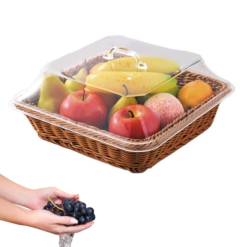Brotkorb 13.8 '' Runde Obstschale mit klarem staubfestem Deckel Nachahmung Rattan Brotkorb gewebtes Weidenfutter, das für Obst, Snacks, Gemüse, Lebensmittelaufbewahrung serviert wird von Mednkoku