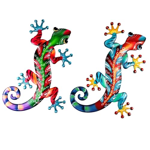 Meduofon Set mit 2 großen Metall-Gecko-Wanddekorationen, Eidechse, Wandkunst, handgefertigt, hängende Skulptur, Dekoration für drinnen und draußen, Haus, Garten, Hof, Zaun, Terrasse (2 große Gecko) von Meduofon