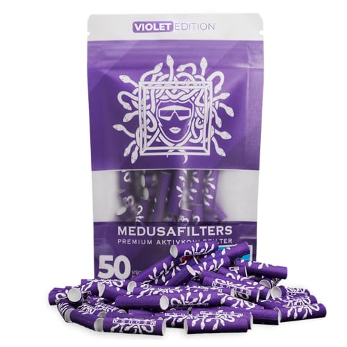 Medusafilters® 50 Stück 6mm Ø Slim Premium Aktivkohlefilter mit veganen Fasercaps & Kokos Aktivkohle | Filter mit 25mm Länge made in Germany (VIOLET EDITION) von Medusafilters