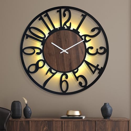 Mee 2ou Große Wanduhr mit Nachtlicht – 80 cm Metall Uhr mit leiser Ticktick, LED-Licht im Dunkeln, Vintage Holzoptik für Wohnzimmer Loft Büro Schlafzimmer Küche von Mee 2ou