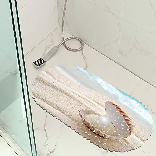 Duschmatte Strand Seestern Und Muscheln rutschfeste Saugnäpfe Oval 35x70cm Geeignet Für Kinder Und Schwangere (Muster 01) von MeeT