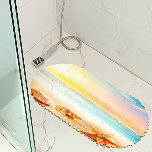 Duschmatte Strand Seestern Und Muscheln rutschfeste Saugnäpfe Oval 35x70cm Geeignet Für Kinder Und Schwangere (Muster 09) von MeeT