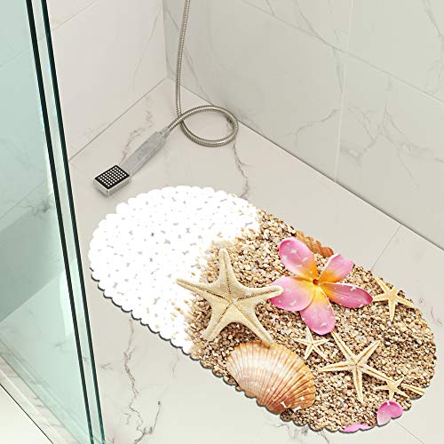 Duschmatte Strand Seestern Und Muscheln rutschfeste Saugnäpfe Oval 35x70cm Geeignet Für Kinder Und Schwangere (Muster 18) von MeeT