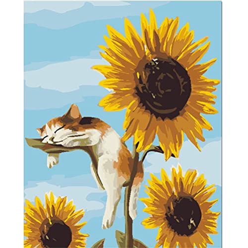 Diamond Painting Set Full Bilder Katze Sonnenblume Tier, Meecaa 5D Diamant Painting Diamant Malerei mit Zubehör 30x40cm (Katze und Sonnenblume) von Meecaa