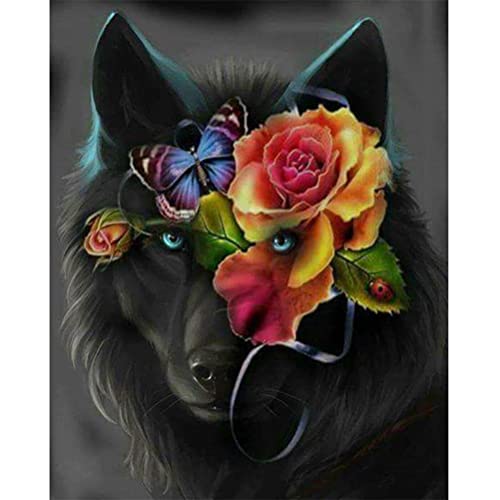 Diamond Painting Set Full Bilder Wolf Tier Rose Schmetterling Blume, Meecaa 5D Diamant Painting Diamant Malerei mit Zubehör 30x40cm (Wolf und Rose) von Meecaa