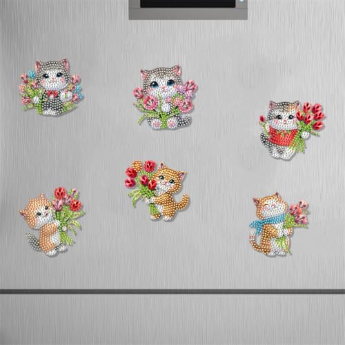 Meecaa 6 Stück Katze Rose Blume Kühlschrank Diamant Kunst Magnete Diamant Kunst Kit Diamant Malerei Aufkleber für Erwachsene DIY Home Decor (Katze) von Meecaa