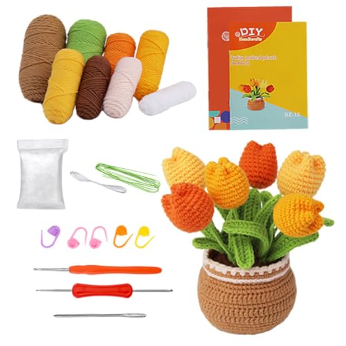 Meecaa Blumen-Tulpen-Häkelset für Anfänger, Erwachsene und Profis, DIY Häkelset Zubehör, ideales kreatives DIY-Geschenk für Bastelliebhaber, inklusive Video-Tutorial, Anleitung (Blume 1) von Meecaa