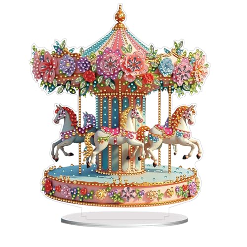 Meecaa Karussell Blume Pferd DIY Diamant Desktop Ornament Kit, spezielle geformte Kristall-Diamantmalerei Tischdekoration, einseitige Diamant-Heimdekoration (Karussell) von Meecaa