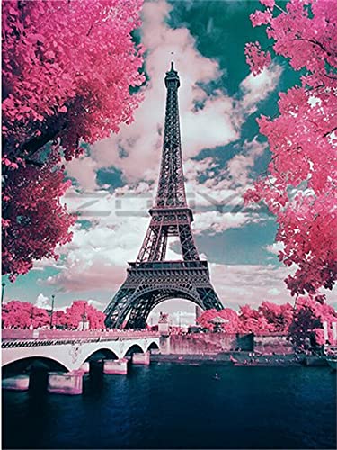 Meecaa Malen nach Zahlen Eiffelturm Baum Brücke Rosa Kit für Erwachsene Anfänger DIY Ölgemälde 40,6 x 50,8 cm (Eiffelturm, kein Rahmen) von Meecaa