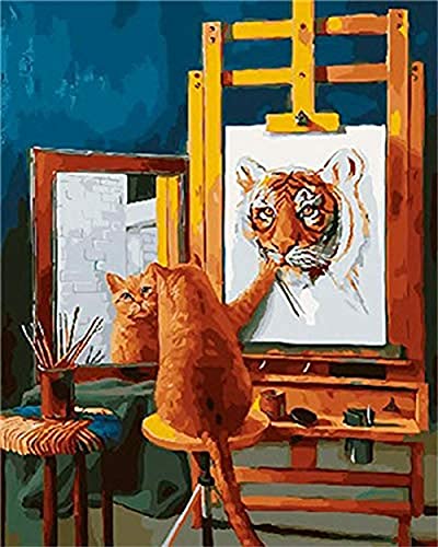 Meecaa Malen nach Zahlen Katze Tiger Spiegel Zeichen-Set für Erwachsene Anfänger DIY Ölgemälde 40,6 x 50,8 cm (Katze, gerahmt von Meecaa