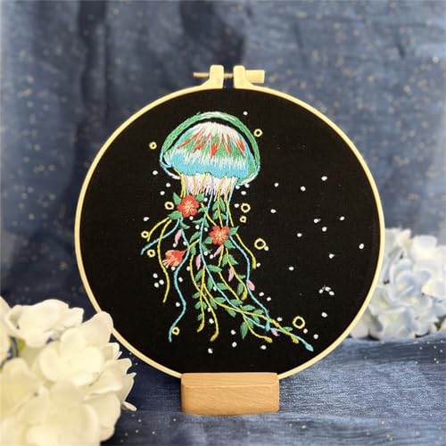 Meecaa Quallen-Blumen-Stickset, Handstickerei-Set, Starter-Set für Anfänger und Erwachsene, mit Stickrahmen und Anleitung (Schwarz 4) von Meecaa